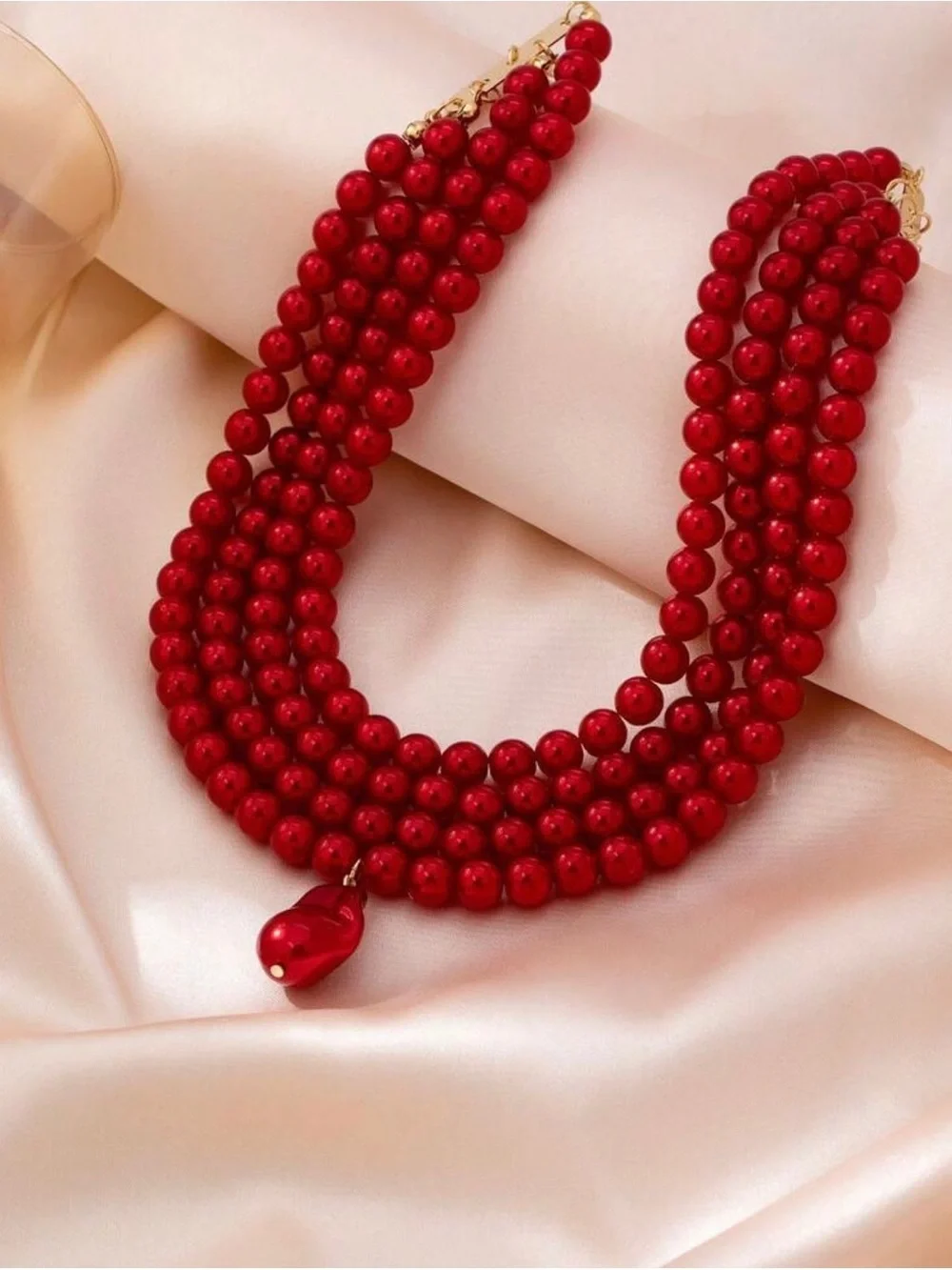 Red Multi-Strand Beaded Choker with Droplet Pendant